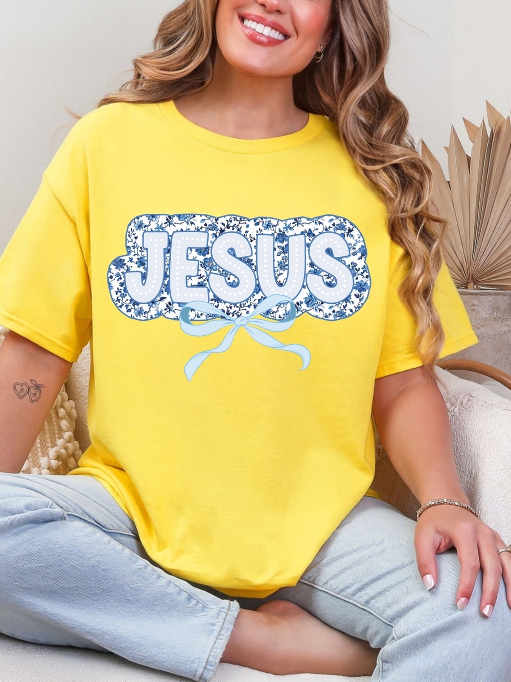 Gildan Yellow Short Sleeve Tee with Blue Floral "JESUS" Graphic
